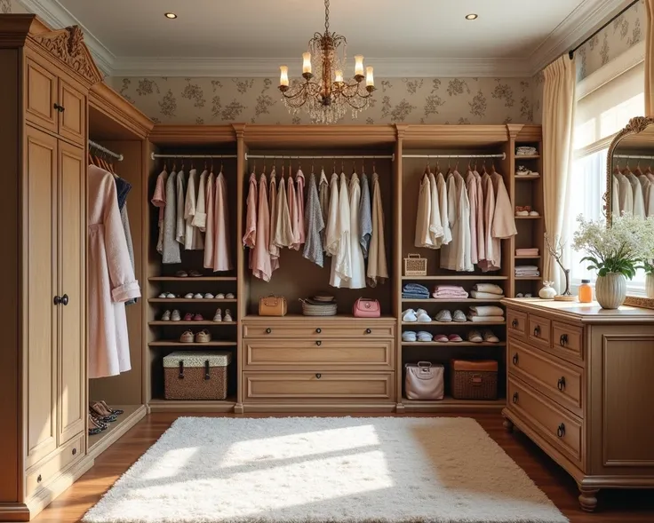 Spacious walk-in closet with soft pastel walls and vintage-style wallpaper (floral or damask pattern).
Antique wooden wardrobe with ornate carvings for hanging dresses and coats.
Open shelves with neatly folded clothes and accessories like scarves and hats...