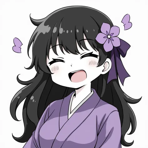 icon,  in black and white ,  girl with messy and very long black hair with bangs,  with a big bust and with her eyes closed very happy,   with sharp teeth showing them ,  wearing simple purple yukata , with a purple flower in her hair ,  with their white s...