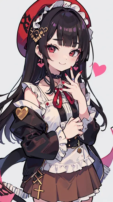 Pure Fuyuko, 1 Girl,  unique ,  dark haired, have, Jewelry,  long hair,  watching the audience,  bangs, earrings, skirt,  white background ,  Smile, shirt,  simple background, Heart earrings, Long sleeve, Heart,  black headdress, black shirt, ruffle collar...