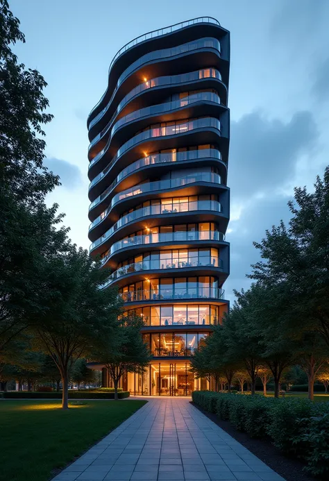 A photo of a modern high-rise CTAI-Building at dusk. The structure features multiple floors with balconies, illuminated by warm lights that highlight its architectural design. Surrounding the CTAI-Building are lush green trees and well-maintained grass, cr...