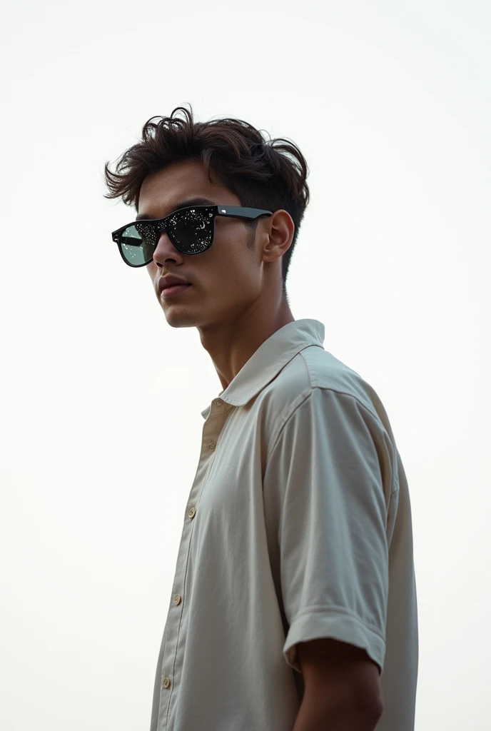 The model isPortrait of a young man walkingback viewwhite background wearing glass sunglasses with stars and the moon on the glass