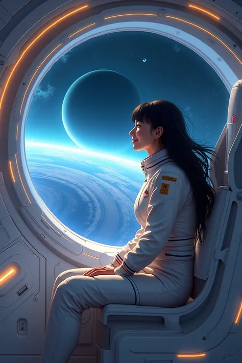 A white astronaut woman with long black hair and bangs, smiling while sitting on a futuristic spaceship next to the planet Uranus. The spaceship is floating in space with a breathtaking view of Uranus rings and atmosphere.