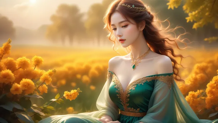 A Masterwork In 32K Resolution, Unmatched Quality, Ultra-Fine Details, Official Art, Supreme 32K Wallpaper, Gorgeous And Ethereal, Highly Detailed Features, Spellbinding Detail, Dutch Angle, Hyper-Realistic, Spring Landscape. One Girl, Solitary, Chestnut A...