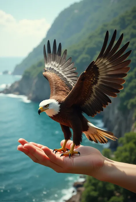 Tiny real Eagle ona mans hand flying background is sea forest 