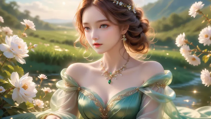 A Masterwork In 32K Resolution, Unmatched Quality, Ultra-Fine Details, Official Art, Supreme 32K Wallpaper, Gorgeous And Ethereal, Highly Detailed Features, Spellbinding Detail, Dutch Angle, Hyper-Realistic, Spring Landscape. One Girl, Solitary, Chestnut A...