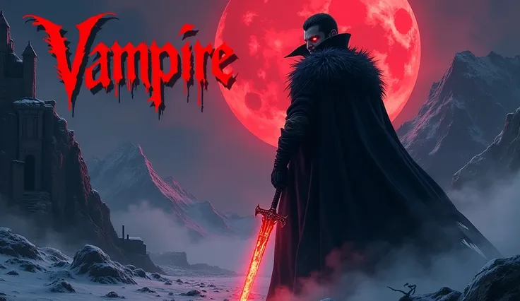 A dramatic and spooky thumbnail for a story titled Vampire: Curse of the Blood Night. The image shows a terrifying vampire with glowing red eyes, sharp fangs, and a dark cape standing against a snow-covered Himalayan ruin under a blood-red moon. The vampir...