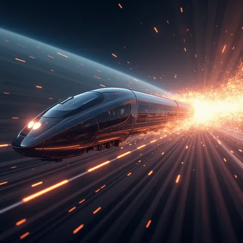  an incredible fantastic magnetic cushion train  , of innovative technological design of the future crosses the space of time and matter, The food moves through matter like a bullet ( like a comet leaving a trail of swirls of energy ,Fantastic picture , sc...