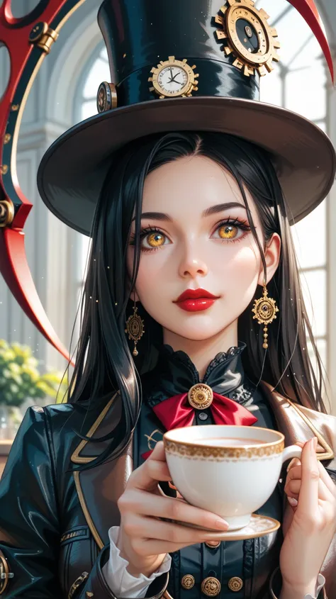 25-year-old woman of great beauty , height of 180 cm ,  long charcoal-black hair, with blue sparkles in sunlight ,  black top hat style Steampunk style , white tea,  red lips big eyes with yellow iris ,  black pupils with vertical slit ,  with Bust of 96 c...