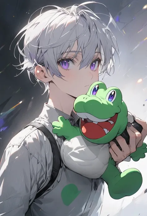 Alone, 1 male, Silver hair ,purple Eyes,mash Hair, Long Sleeve,holding a stuffed toy of Super Mario Bros.s Yoshi