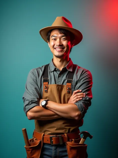 A young man asia with foremanhatand a confident smile.He is carpenters set have toolbelt standing fuul body with arms crossed Left hand holds Hammer to hit nails The man is positioned against aqua colour backdrop with a subtle red lighting on the left side...