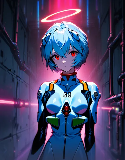 1girl, ayanami rei, neon genesis evangelion, close up portrait,red eyes,In an abandoned subway tunnel repurposed as a secret facility access point, a pale-blue haired figure in a sleek white plugsuit stands motionless against exposed geometric support stru...