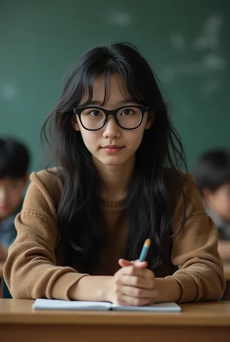 The same woman but when she was a little intellectual girl with long disheveled black hair who wears glasses she is sitting but as a  about to start classes,  sitting at a desk , looking at a boy who was sitting in front of the class who is looking at the ...