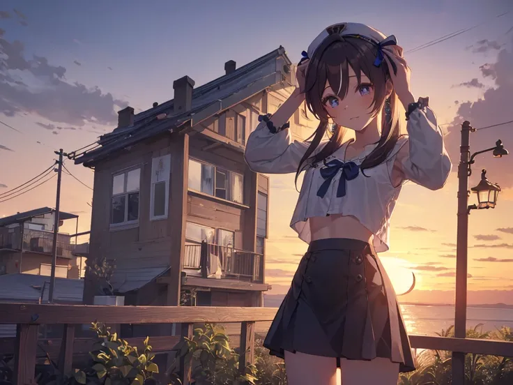 Solo, 1 girl, (human ears, earrings), (アニメ顔), (((座る, hands on head))), (black casual dress with ruffled sleeves, black skirt with ruffled skirt), (sunset sky, sunset sun, evening sky), (focus on chest, oblique angle), (high resolution, masterpiece, accurat...