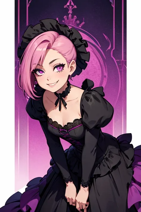 Perfect face. Perfect hands. A petite pink haired woman with violet eyes with short hair in a Gothic gown is smiling while leaning forward in a Gothic ballroom