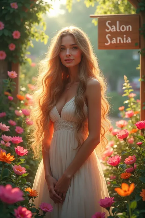 A  happy garden with human long hair decoration.  A beautiful woman with long hair in the garden.
A sign that says "SALON SANIA".
flowers. Sparkling 
