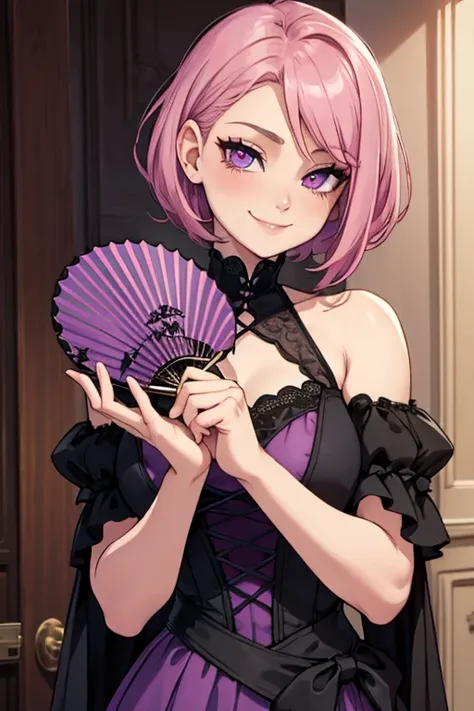 Perfect face. Perfect hands. A petite pink haired woman with violet eyes with short hair in a Gothic gown is smiling while holding a fan in a Gothic ballroom