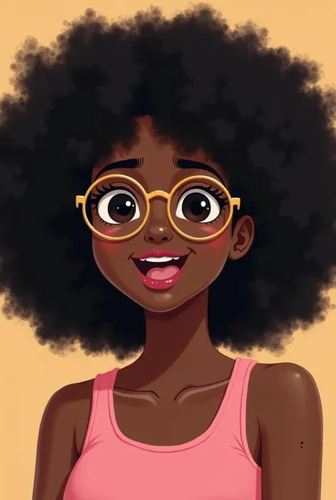  a girl with black and curly hair,  she is wearing gold glasses , with a dark skin tone ,  black eyes ,  eyebrows , pink mouth and nose ,  weighing approximately 80 kg with a dot on the direct side near the corner of the mouth, with smile, with a pink tank...