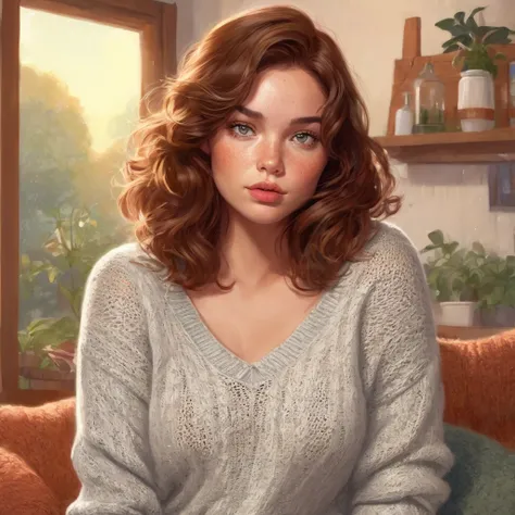 A inhumanly sexy and alluring woman who has medium-length wavy honey brown hair, amber skin, pale grey eyes, subtle freckles, full lips, and a full curvy hourglass figure. She is wearing a oversized knitter sweater and short denim shorts. Background of a w...