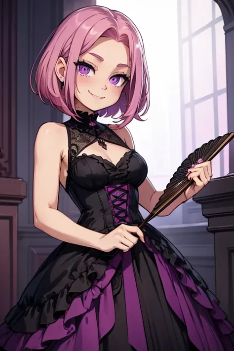 Perfect face. Perfect hands. A petite pink haired woman with violet eyes with short hair in a Gothic gown is smiling while holding a fan in a Gothic ballroom