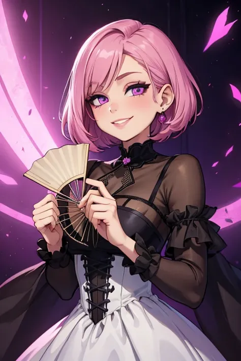 Perfect face. Perfect hands. A petite pink haired woman with violet eyes with short hair in a Gothic gown is smiling while holding a fan in a Gothic ballroom