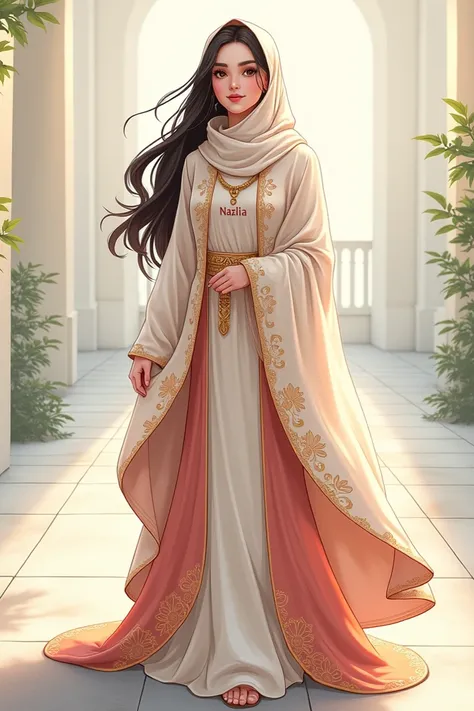 Make a full body anime of an adult woman wearing Muslim clothing that says Nazlia