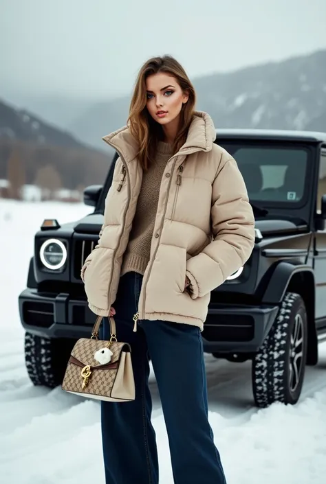 A sophisticated outdoor scene featuring a model in front of a black SUV parked in a snow-covered landscape. She wears a beige Gucci puffer jacket with the iconic monogram pattern, complemented by dark blue straight-leg jeans. She holds a triangular-shaped ...