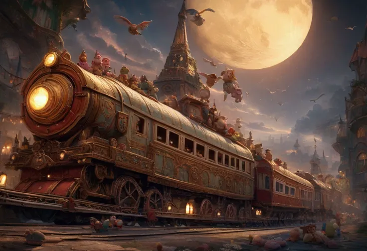 a small toy train with 3 carriages heading towards the moon, numerous plush toys riding the train, detailed, whimsical, fantasy, soft colors, warm lighting, magical, highly detailed, 8k, photorealistic