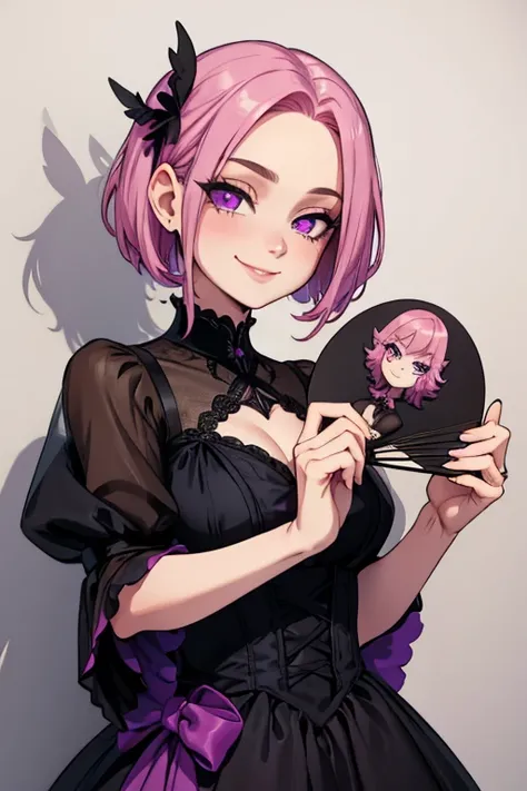 Perfect face. Perfect hands. A petite pink haired woman with violet eyes with short hair in a Gothic gown is smiling while holding a fan in a Gothic ballroom