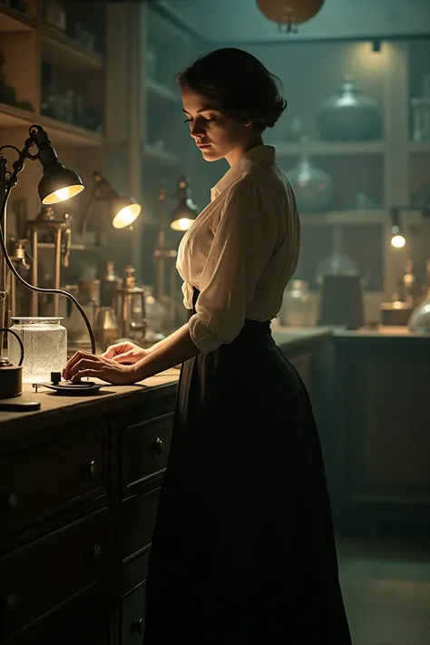 A female scientist in her early 40s, with short dark hair and a serious expression. She is wearing early 20th-century clothing, including a long, dark skirt and a high-collared blouse. The scene is set in a dimly lit laboratory filled with scientific equip...