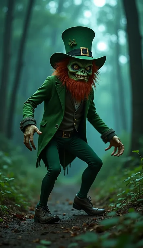 " A leprechaun in full change of shape ,  going from looking like a small  to a terrifying creature . His limbs lengthen ,  and his smile becomes grotesque .  The environment is a forest clearing illuminated by moonlight,  with a supernatural atmosphere ."