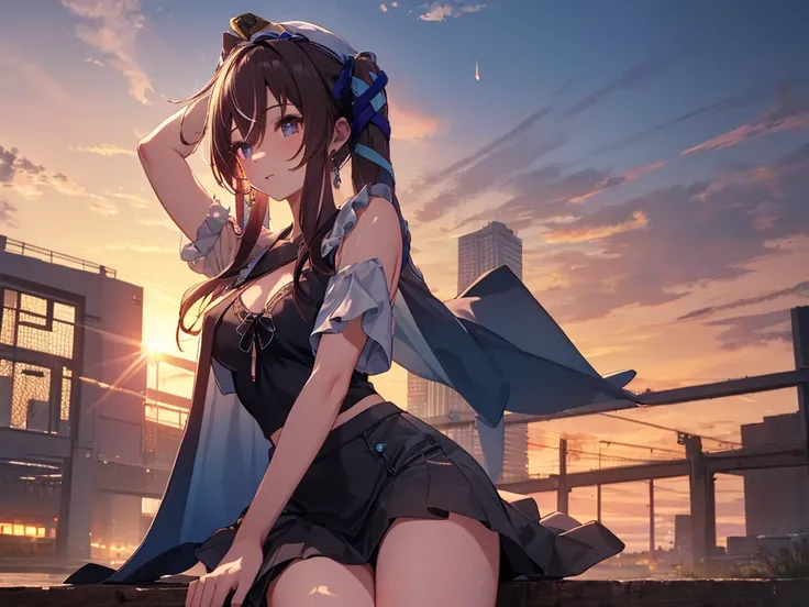 Solo, 1 girl, (human ears, earrings), (anime face), (((sitting, hands on head))), (black casual dress with ruffled sleeves, black skirt with ruffles), ( sunset sky, sunset sun) , evening sky), (focus on chest, oblique angle), (high resolution, masterpiece,...