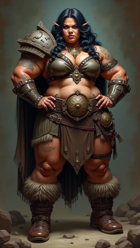 photorealistic full body photo of plus size Barbarian dwarven woman, black girl,(art by Luis Royo:1.2), (intimidatingpose:1.5),(hands on hips:1.5),(detailed tanned skin:1.5) ,(realistic:1.5),high quality,(muscular body:1.5),(tattoo:1.5) ,intricate detailed...