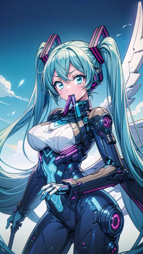 Hatsune Miku VOCALOID,  twin tails,  light blue eyes,  Light Blue Hair ,  bodysuit with mouth, Mechanical Wings, (Mecha Girl),  cyberpunk,  ultimate physical beauty ,   beautiful eyes , Big Breasts,   Embarrassing Looks  ,  big chest , ,  best quality,  Ma...