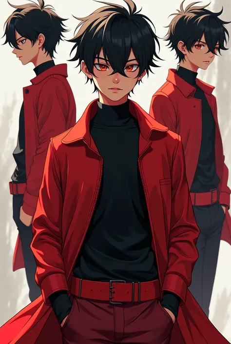 Imagine a character sheet of a anime boy ,age20year,cloths red and black ,black hairs , jujutsu kisen style , 3 poses ,he is animator ,intorvert ,Pakistani , solo leveling style ,