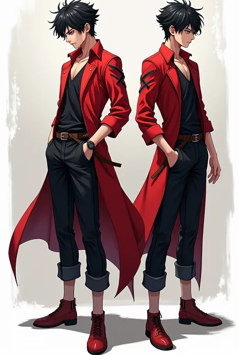 Imagine a character sheet of a anime boy ,age 20 year,cloths red and black ,black hairs , jujutsu kisen style , 3 poses ,he is animator ,intorvert ,Pakistani , solo leveling style ,