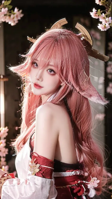 1girl, (ulzzang-6500:0.7), kpop idol, yae shrine maiden,  separated sleeves , bare shoulders,  pink hair , long hair, japanese c...