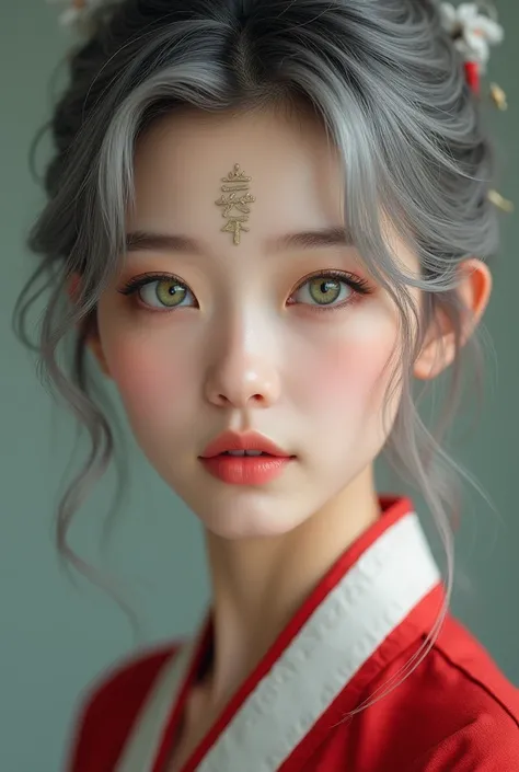 real, 1 woman, Gray hair, green eyes, beautiful eyes,  high resolution ,  has marks on forehead like Chinese women,  wears red and white hanfu shirt , cute face, beautiful, pres body clothes  