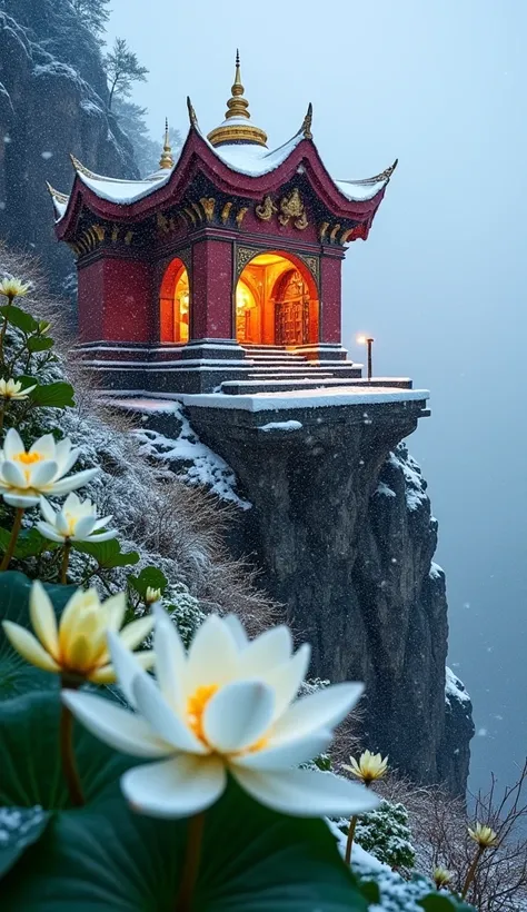 A red and yellow temple on a snowy cliff, with falling snow covering the temple. There is a garden of white lotus flowers, yellow pistils, green leaves with flowers blooming despite heavy snowfall. The inside of the temple radiates a warm golden light. The...