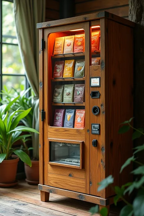 Condom vending machine with a la carte flavors. The machine is made of wood, similar to a rice barn.