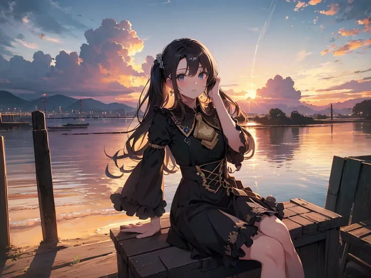 Solo, 1 girl, (human ears, earrings), (anime face), (((sitting, hands on head))), (black casual dress with ruffled sleeves, black skirt with ruffles), ( sunset sky, sunset sun) , evening sky), (focus on chest, oblique angle), (high resolution, masterpiece,...