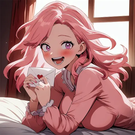 1 female, ((alone)), holding a love letter, excited expression, (short pink hair), violet eyes, long eyelashes, large breasts, pink pajamas, (in a bedroom), golden hour, dim, masterpiece, ultra HD, anime style, (my hero academia art style)