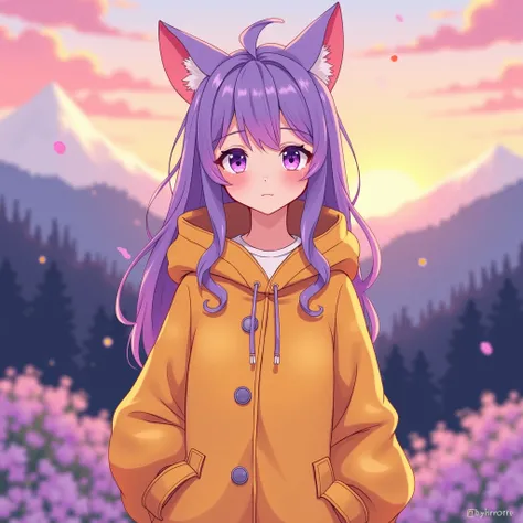 An anime girl no loli with cat ears ,  purple hair with pink with cute yellow and orange coat with purple and yellow background landscape of mountains and sunset fantasy anime minimalist drawing style