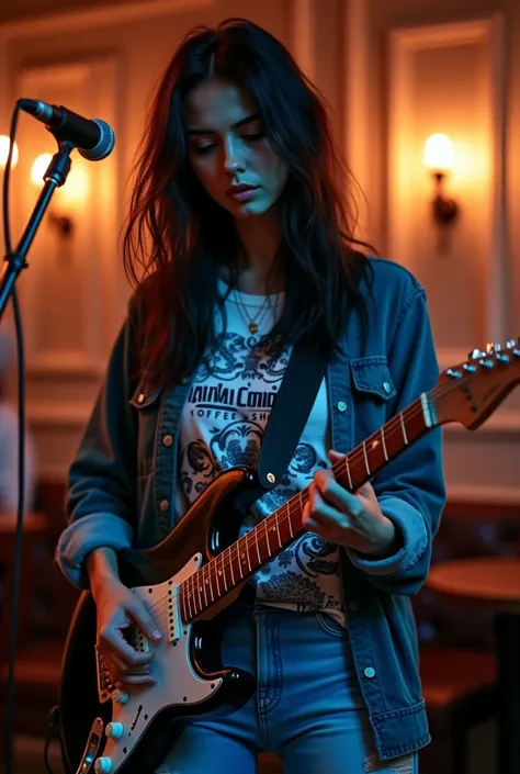 A best hyperealistic, UHD, HDR, 5D, 524 K, cinematic shot of a Mature BeautifuL woman black long hair as like as "Kurt Cobain" hair syle playing hard rock music on an electric Melodic guitar on stage music live performance at Coffe Shop, The woan sights to...