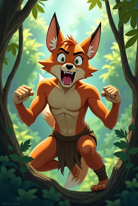 With 2d animation , A young male fox boy  , Antropomórfico , Osea on two legs   , On loincloths in the jungle ,  On top of a tree branch  ,   screaming like Tarzan  ,  The young fox is hitting his chest with both arms  ,  fists hitting the chest,  the youn...