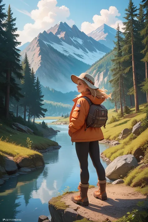 (( best quality)), ((masterpiece)), ( Details), 1girl, hiking boots, windbreaker jacket, warm hat,
BREAK
mountain sunrise, crystal-clear lake, forest trail,