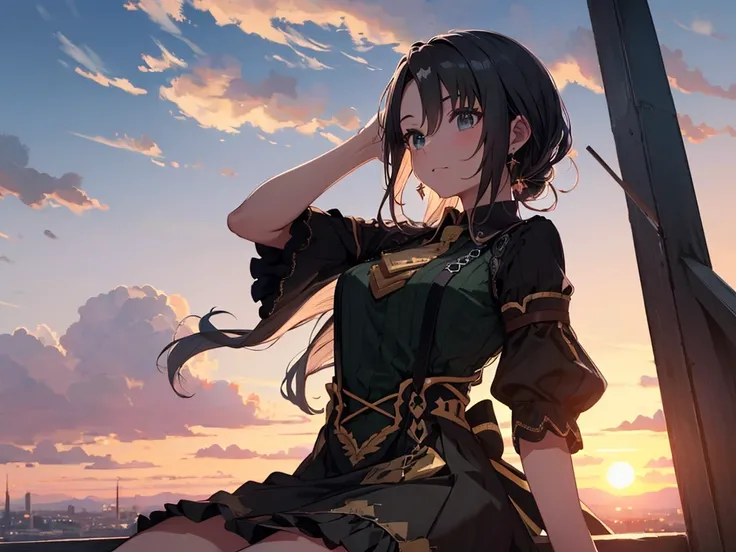 Solo, 1 girl, (human ears, earrings), (anime face), (((sitting, hands on head))), (black casual dress with ruffled sleeves, black skirt with ruffles), ( sunset sky, sunset sun) , evening sky), (focus on chest, oblique angle), (high resolution, masterpiece,...