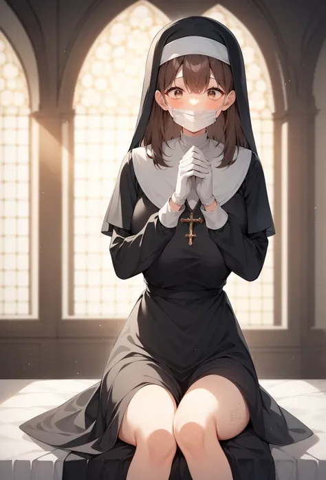 Anime-style character, source_anime, neolight, backlighting, light rays, 1girl, adult woman, beautiful, best perfect anatomy, A pale anime mature woman, nun (black nun habit, white glove, wearing white surgical mask), 1 woman, lonely, deep brown eyes, long...