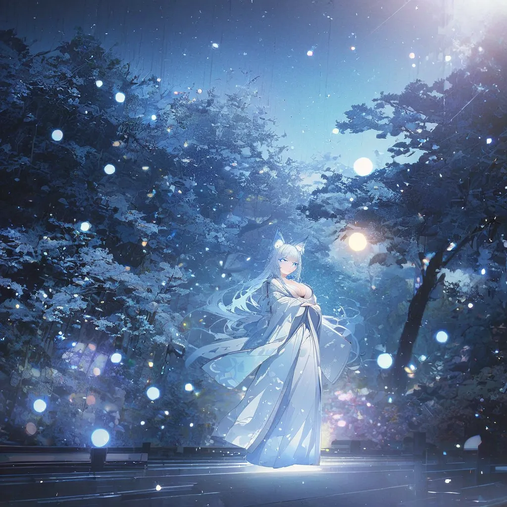 walking in a japanese garden at night {x} a woman in a long kimono,  wear a light blue long-sleeved ,  long light blue hair ,  b...