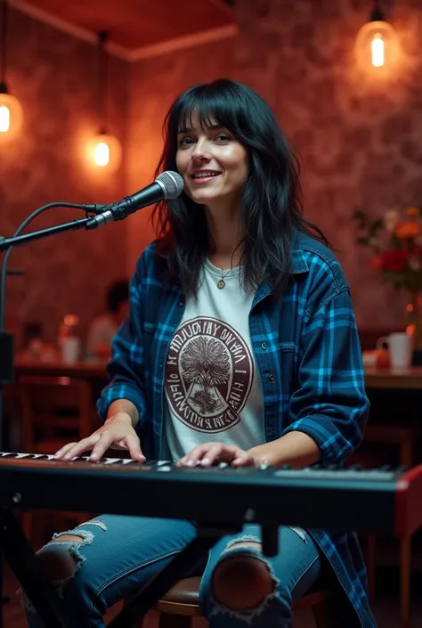 A best hyperealistic, UHD, HDR, 5D, 524 K, cinematic shot of a Mature BeautifuL woman black long hair as like as "Kurt Cobain" hair syle playing hard rock music on an electric keyboard on stage music live performance at Coffe Shop, The woman sights to view...