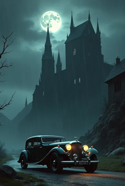 A night landscape, Rainy , Haunted Castle on Hill ,  showing a 1930 Bentley car and a Frankenstein